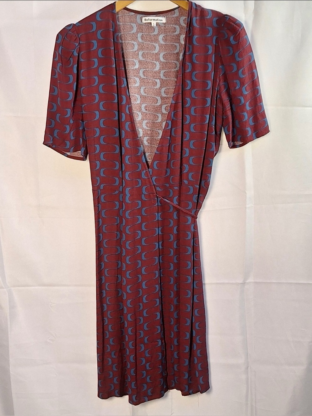 Reformation Maroon Dress with Blue Geometric Print
